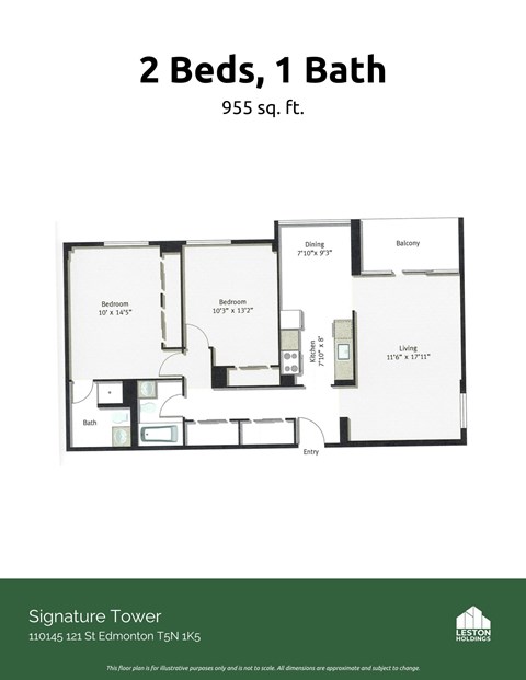 Floor plan for 2 beds, 1 bath, 955 sqft
